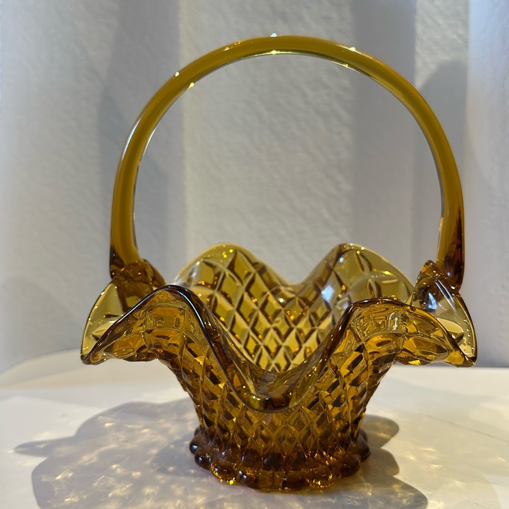 Vintage Amber Glass Basket Candy Dish, diamond pattern